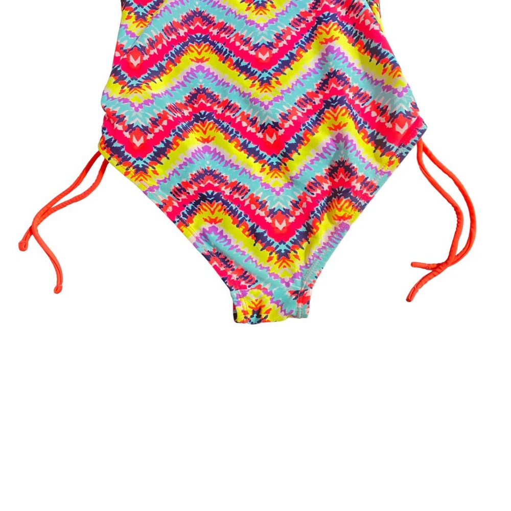 Justice orange blue chevron one piece ruffle off shoulder bathing suit size 10 - Picture 2 of 7